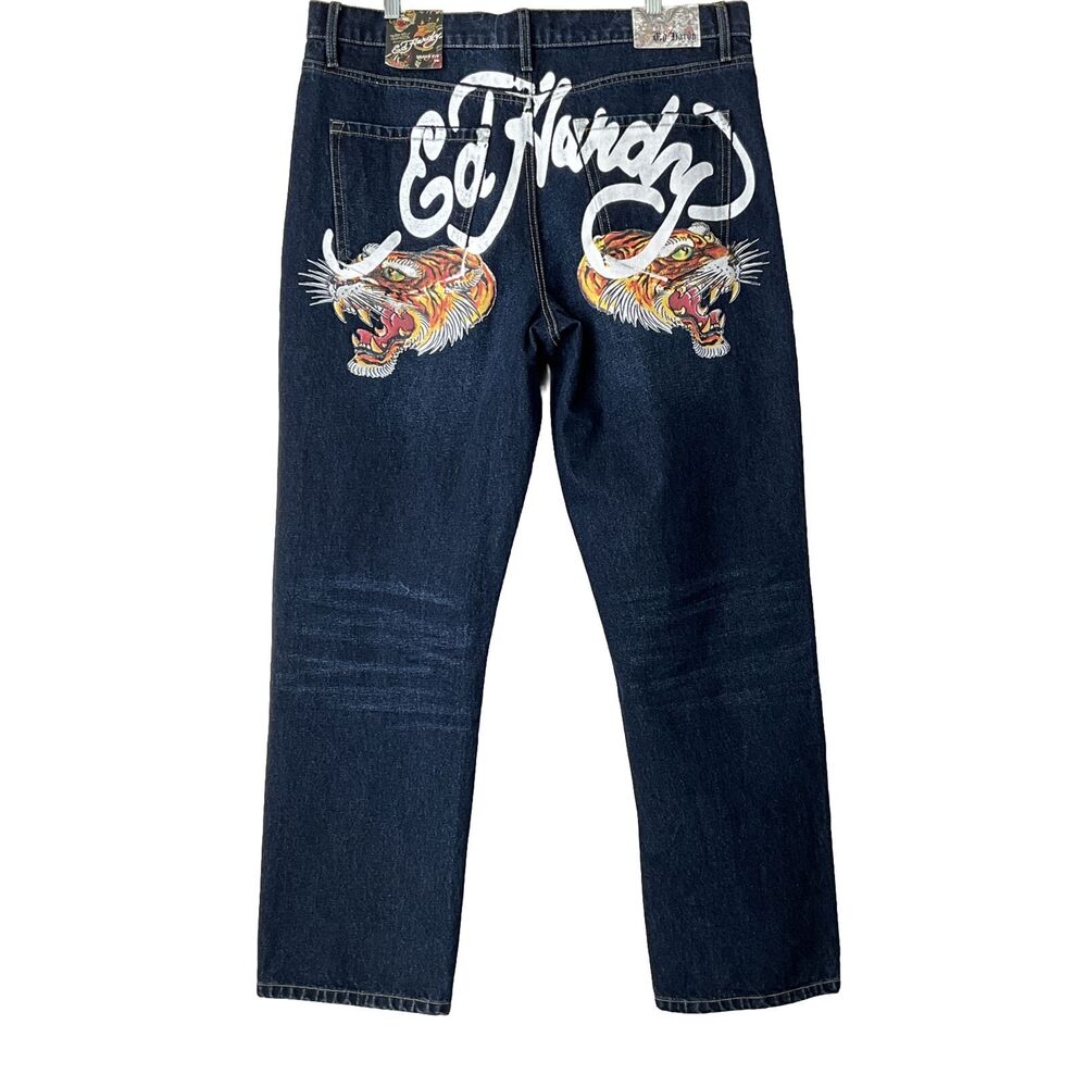 Ed Hardy Jeans Men Blue Tiger Head Loose Fit Y2K Streetwear Denim 38